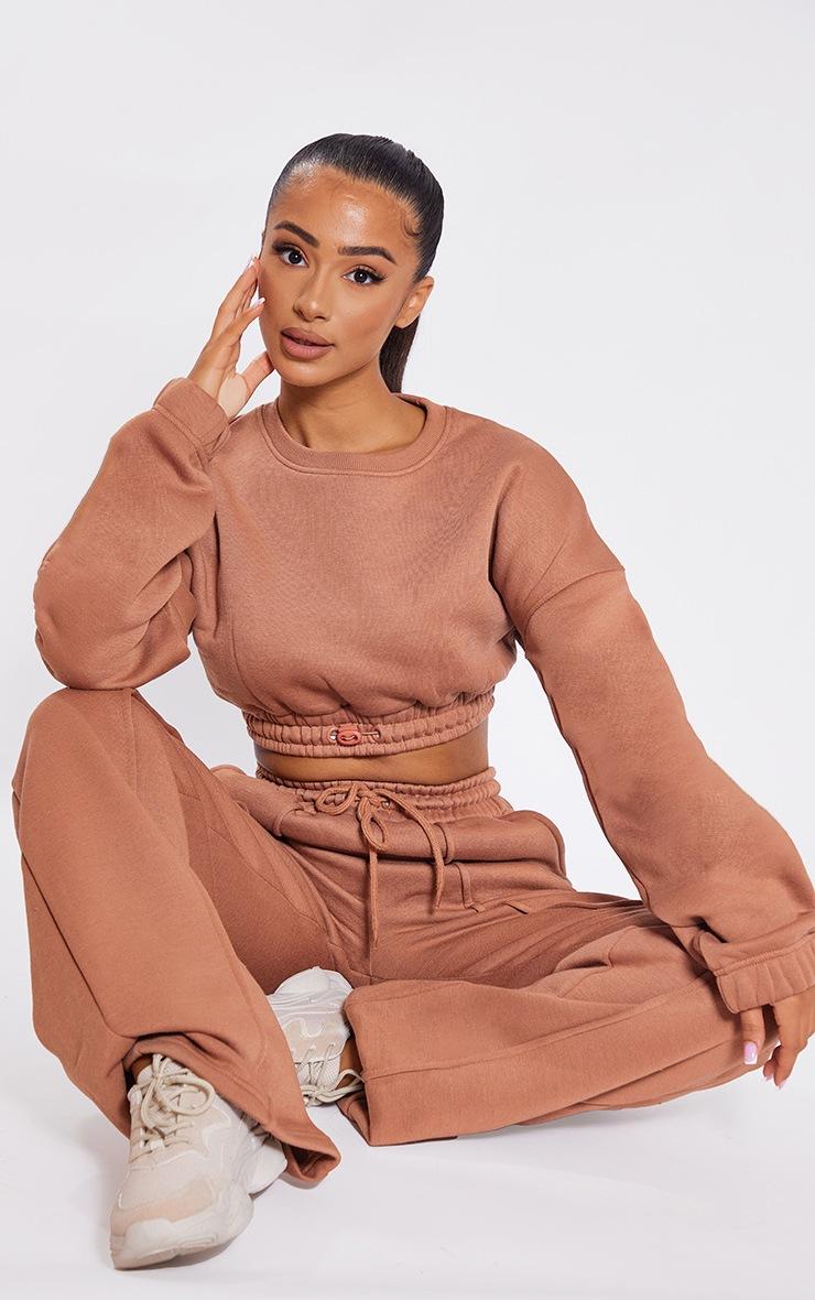 Pretty Little Thing Petite Tan Crop Elasticated Hem Sweat Top