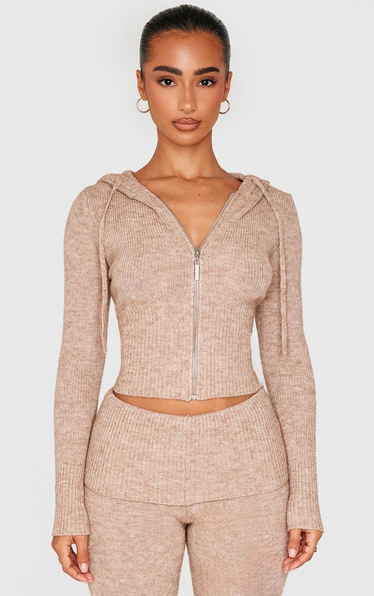 Pretty Little Thing Petite Taupe Knit Long Sleeve Zip Up Hoodie