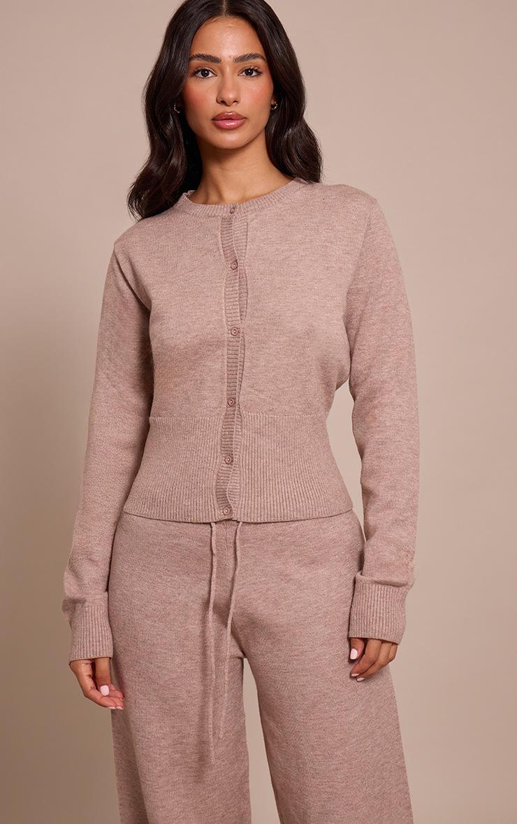 Pretty Little Thing Petite Taupe Ribbed Fitted Waist Knitted Cardigan