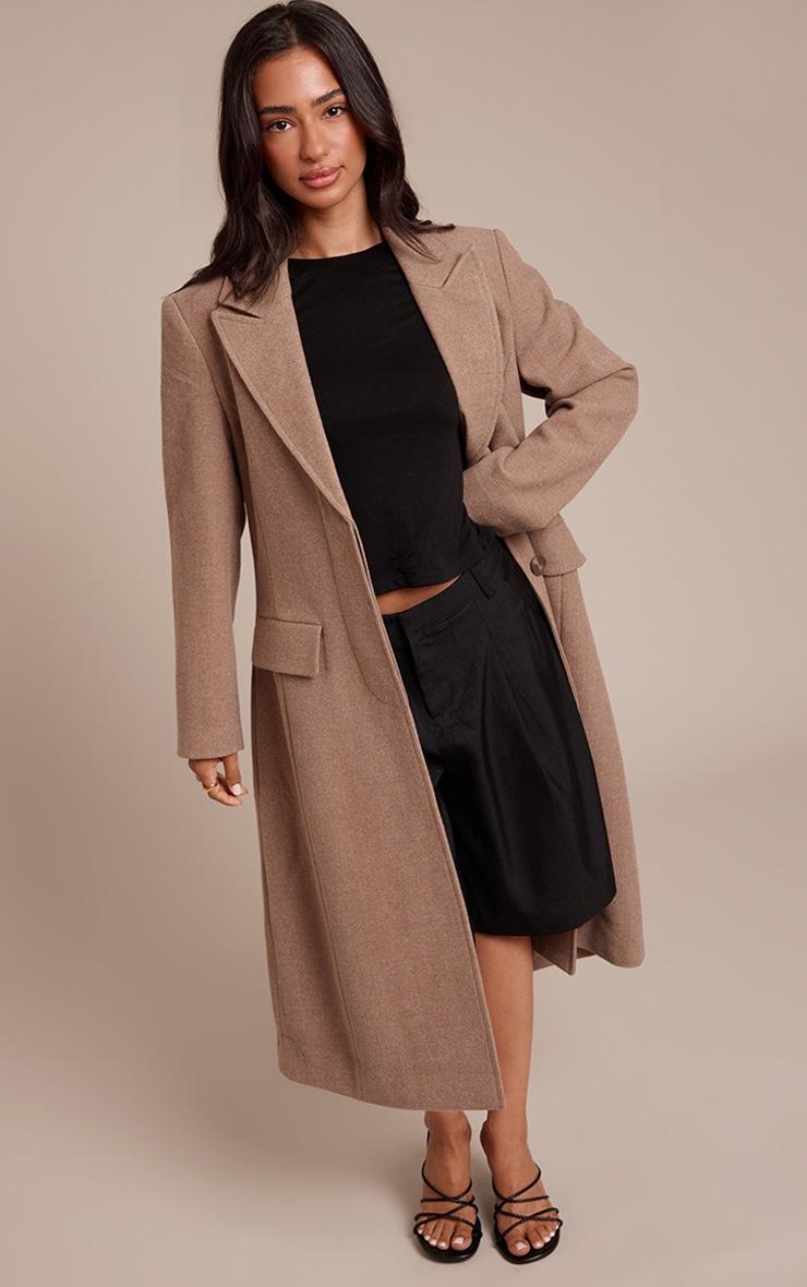Pretty Little Thing Petite Taupe Single Breasted Seam Detail Wool Look Maxi Coat
