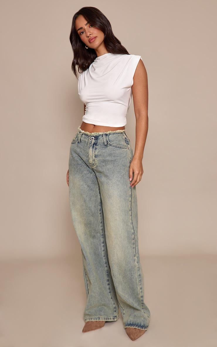 Pretty Little Thing Petite Vintage Wash Fray Waist Low Rise Straight Leg Jeans