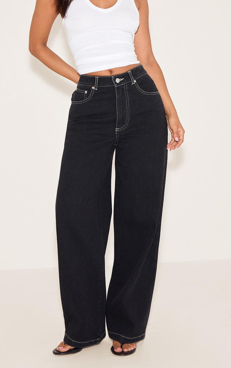 Pretty Little Thing Petite Washed Black Contrast Stitch Straight Leg Denim Jeans