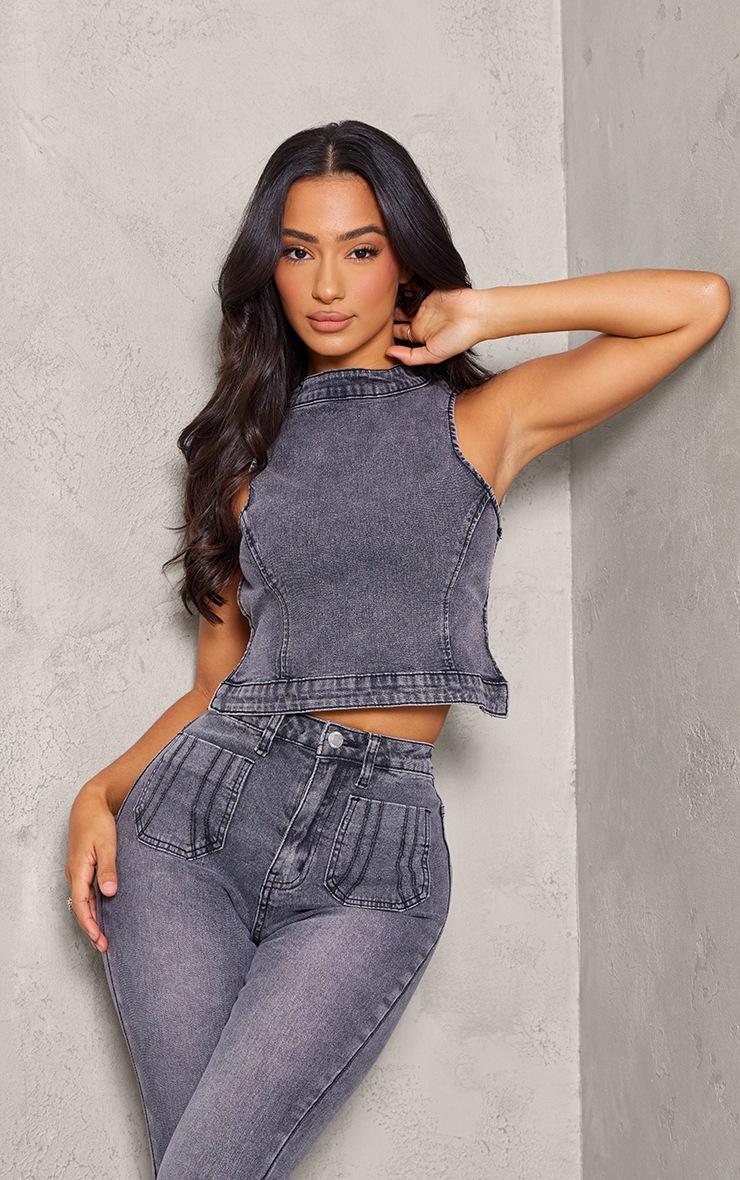 Pretty Little Thing Petite Washed Charcoal Denim Backless Top
