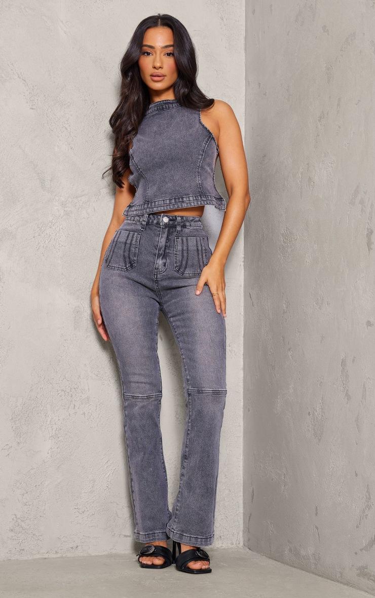 Pretty Little Thing Petite Washed Charcoal Denim Backless Top
