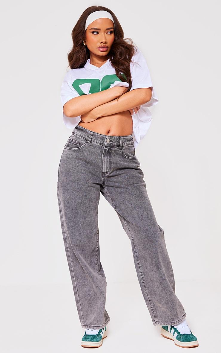 Pretty Little Thing Petite Washed Grey Dipped Back Waistband Boyfriend Jeans
