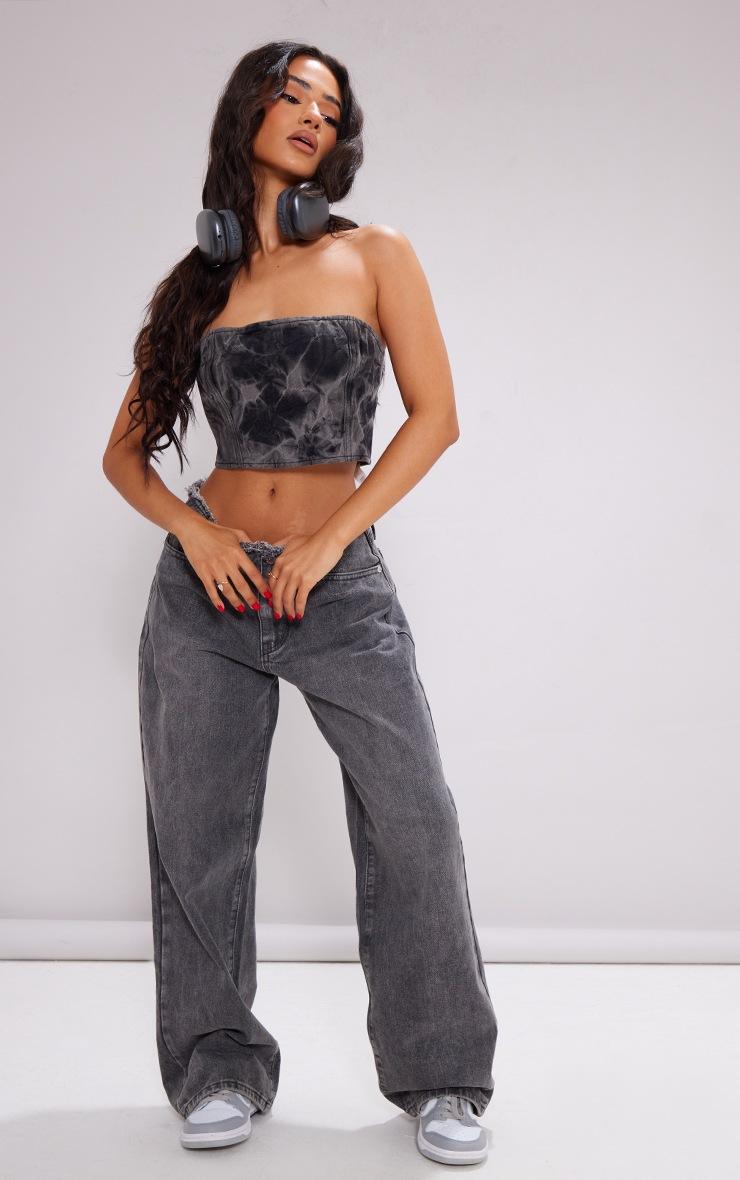 Pretty Little Thing Petite Washed Grey Fray Waist Low Rise Straight Leg Jeans