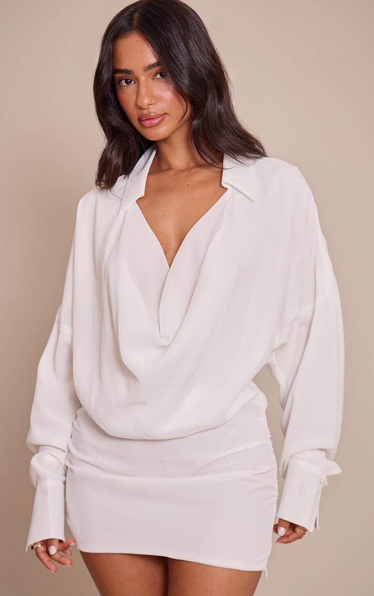 Pretty Little Thing Petite White Chiffon Cowl Neck Collared Dress