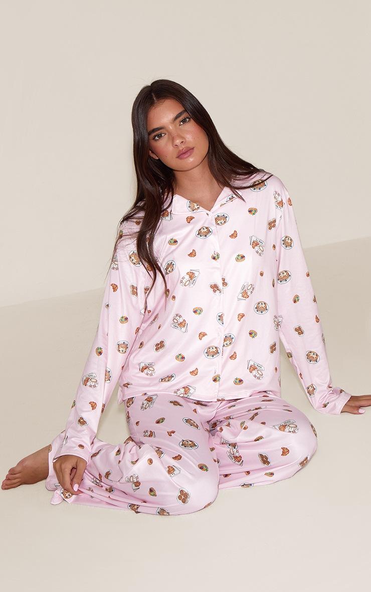 Pretty Little Thing Pink Breakfast Print Long Sleeve Button Through PJ Set