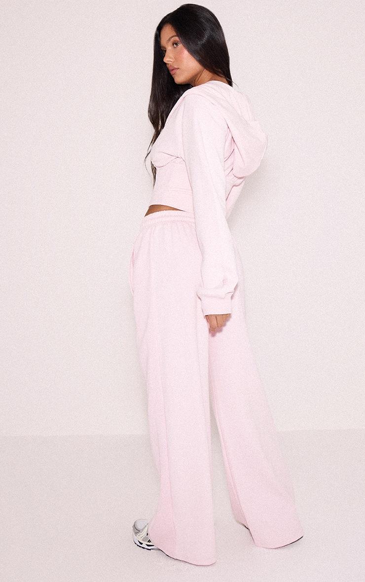 Pretty Little Thing Pink Embroidered Interlock Rib Panel Wide Leg Sweatpants