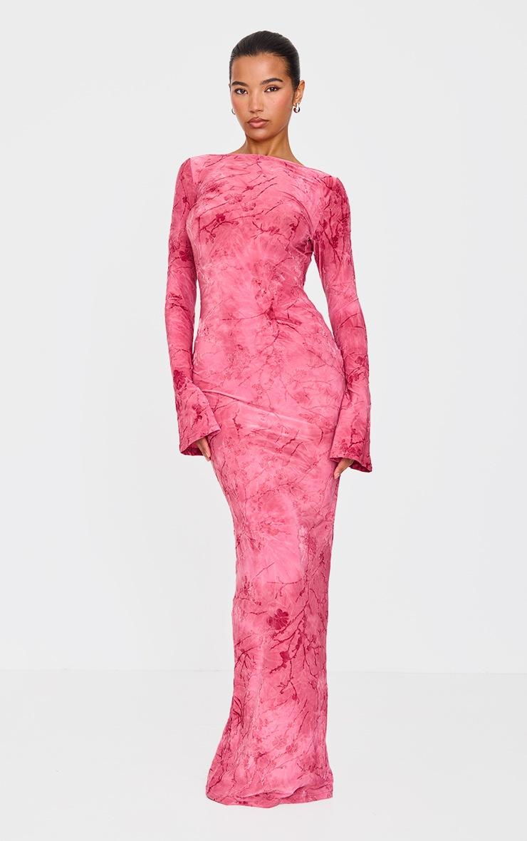 Pretty Little Thing Pink Floral Devore Long Sleeve Maxi Dress