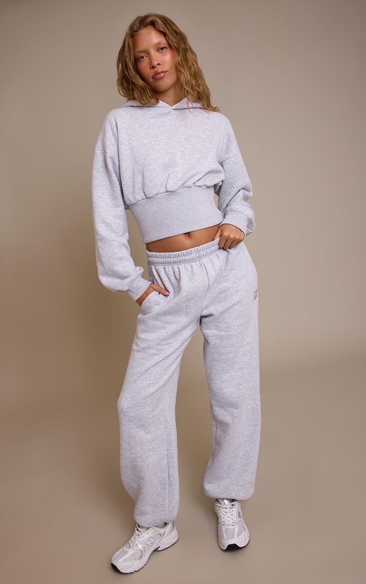 Pretty Little Thing PLT Ash Grey Tab Cinched Waist Crop Hoodie