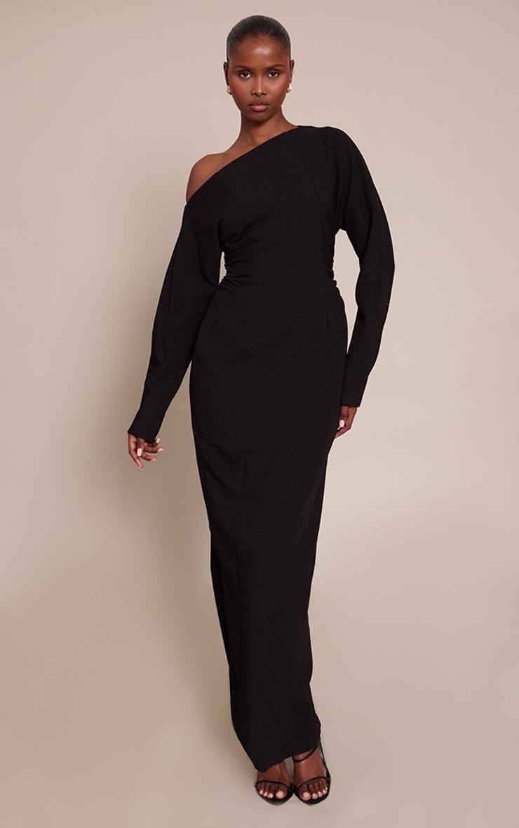 Pretty Little Thing PLT Label Black Asymmetric Batwing Sleeved Cinched Waist Maxi Dress