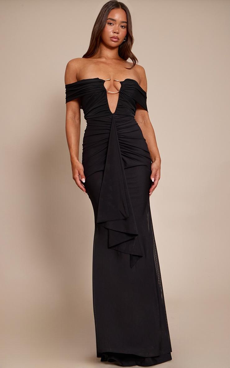 Pretty Little Thing PLT Label Black Mesh Trim Detail Fishtail Maxi Dress