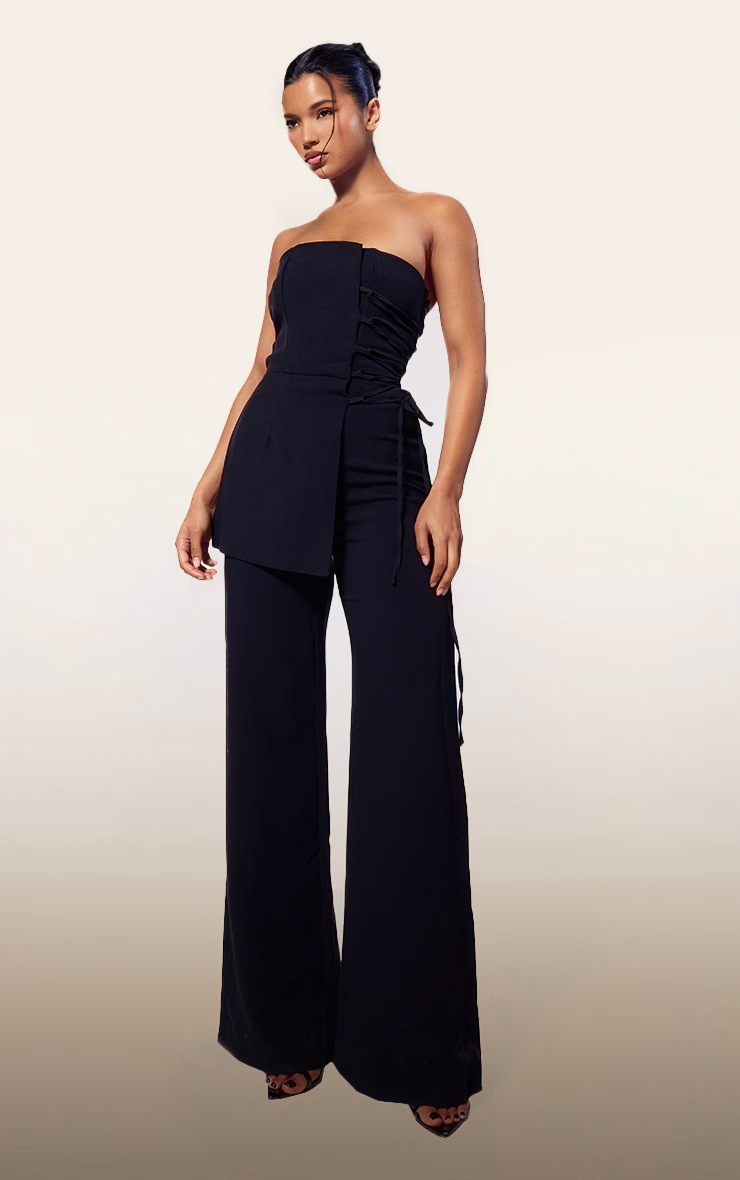 Pretty Little Thing PLT Label Black Overlay Panel Lace Up Tailored Jumpsuit