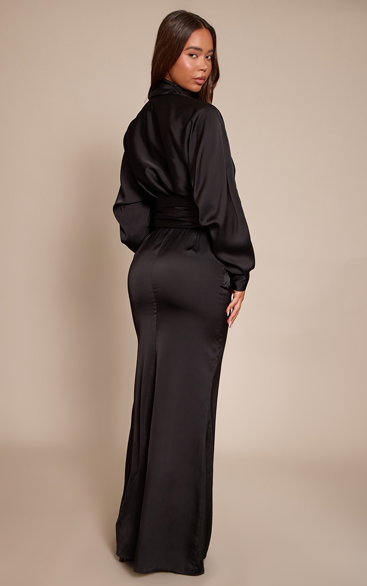 Pretty Little Thing PLT Label Black Satin Long Sleeve Plunge Maxi Dress