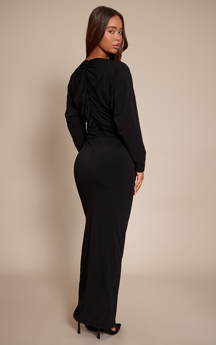 Pretty Little Thing PLT Label Black Slinky Ruched Plunge Batwing Maxi Dress
