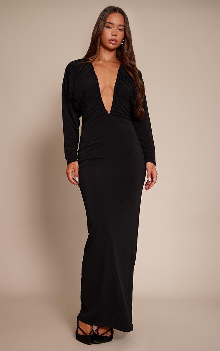 Pretty Little Thing PLT Label Black Slinky Ruched Plunge Batwing Maxi Dress