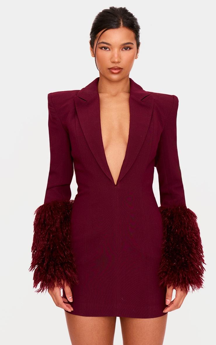 Pretty Little Thing PLT Label Burgundy Faux Shearling Cuff Tailored Blazer Dress