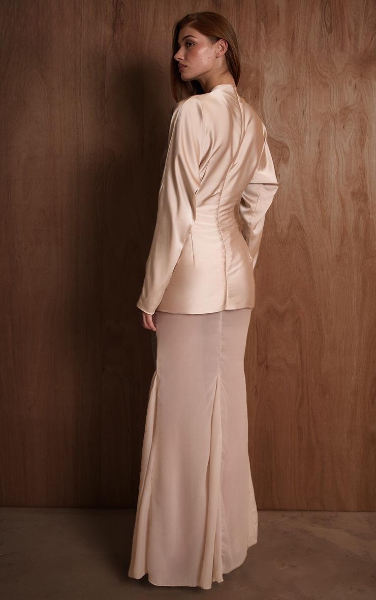 Pretty Little Thing PLT Label Champagne Satin High Neck Chiffon Fishtail Skirt Maxi Dress