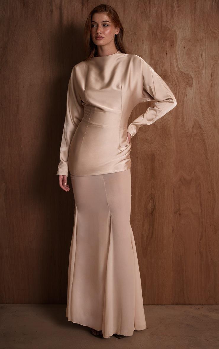 Pretty Little Thing PLT Label Champagne Satin High Neck Chiffon Fishtail Skirt Maxi Dress