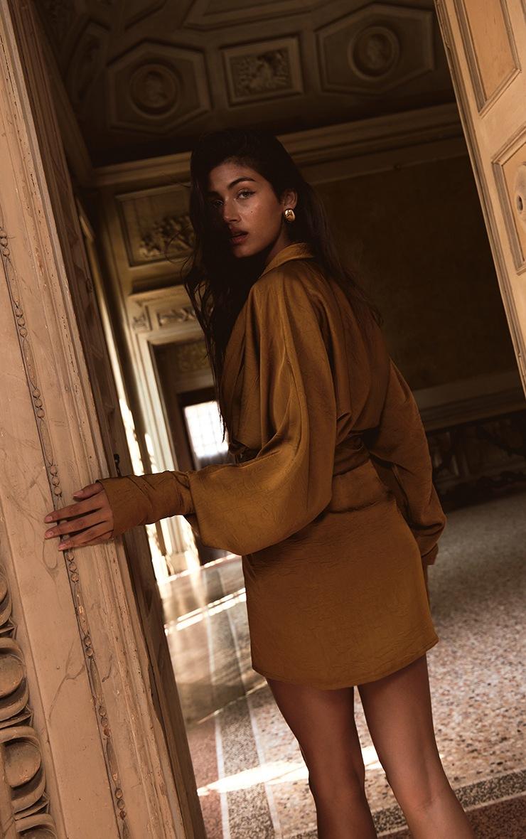 Pretty Little Thing PLT Label Gold Hammered Satin Long Sleeve Plunge Mini Dress