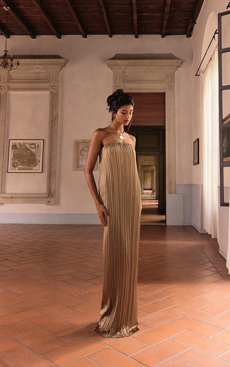 Pretty Little Thing PLT Label Gold Plisse Satin Column Bandeau Maxi Dress
