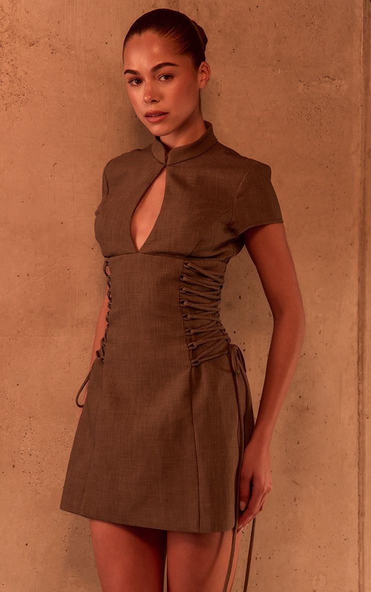 Pretty Little Thing PLT Label Mocha Tailored Band Collar Lace Up A-line Dress