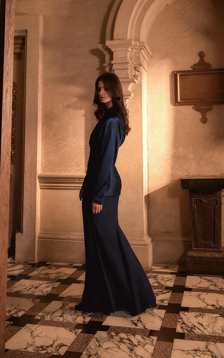 Pretty Little Thing PLT Label Navy Satin High Neck Chiffon Fishtail Skirt Maxi Dress