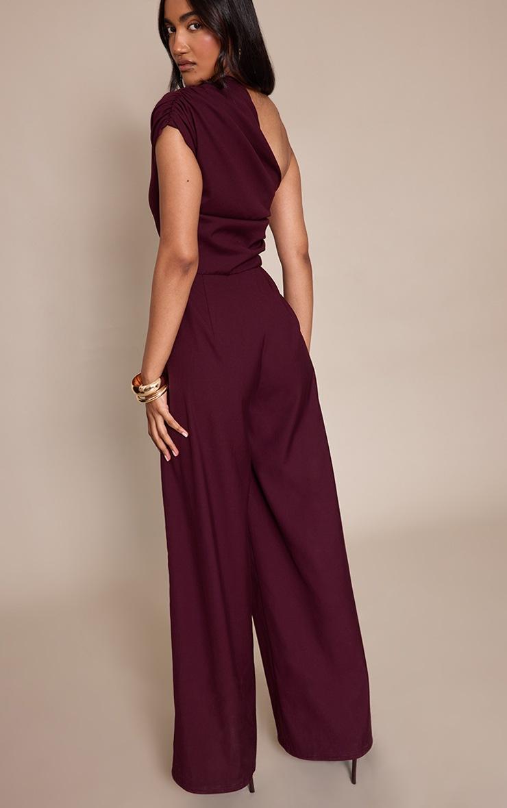 Pretty Little Thing PLT Label Plum Asymmetric Ruched Wide Leg Jumpsuit