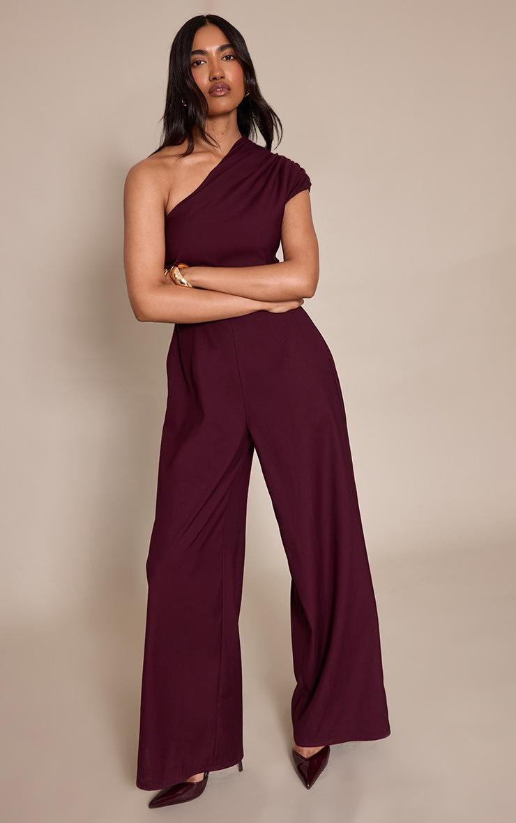 Pretty Little Thing PLT Label Plum Asymmetric Ruched Wide Leg Jumpsuit