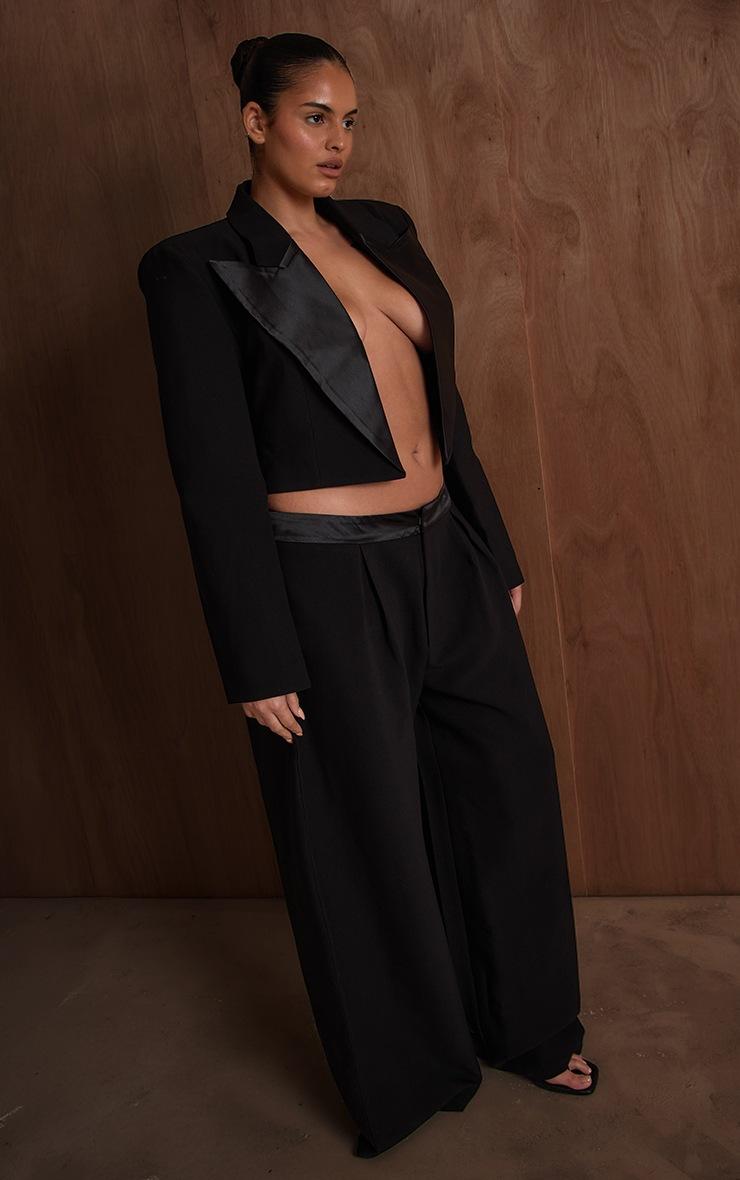 Pretty Little Thing PLT Label Plus Black Satin Waistband Wide Leg Pants