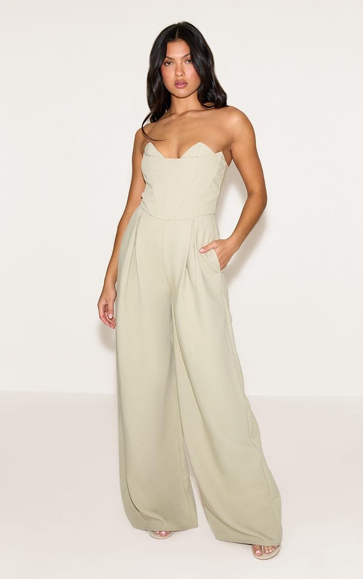 Pretty Little Thing PLT Label Sage Corset Bust Detail Wide Leg Tailored Jumpsuit