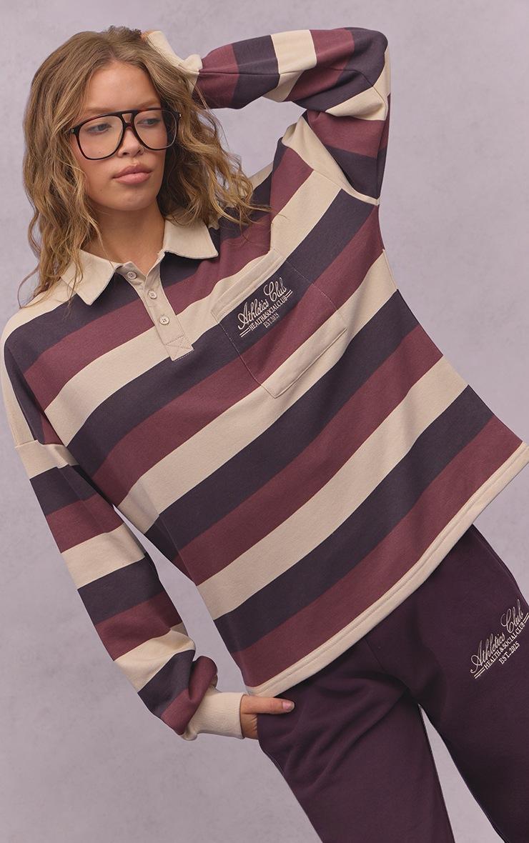 Pretty Little Thing Plum and Cream Athletics Club Stripe Polo Tshirt