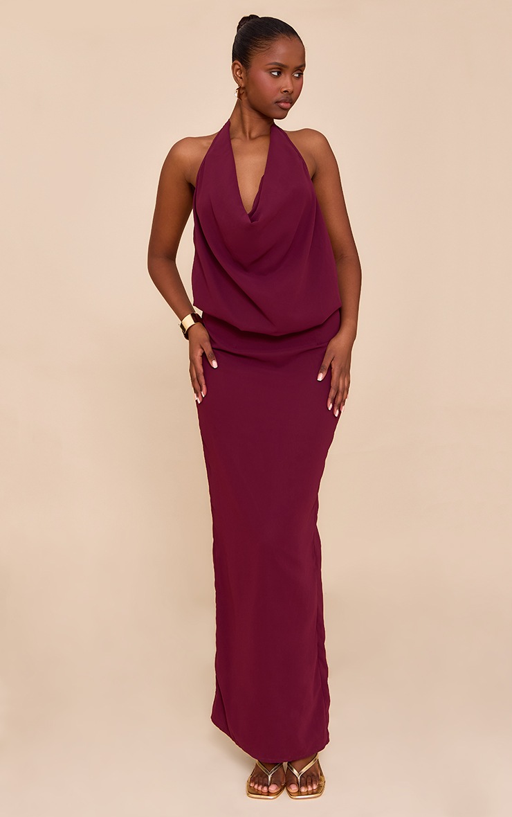 Pretty Little Thing Plum Chiffon Cowl Neck Maxi Dress