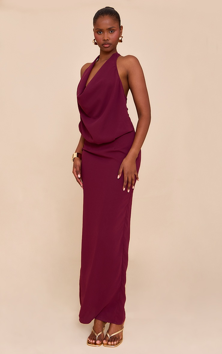 Pretty Little Thing Plum Chiffon Halterneck Cowl Maxi Dress