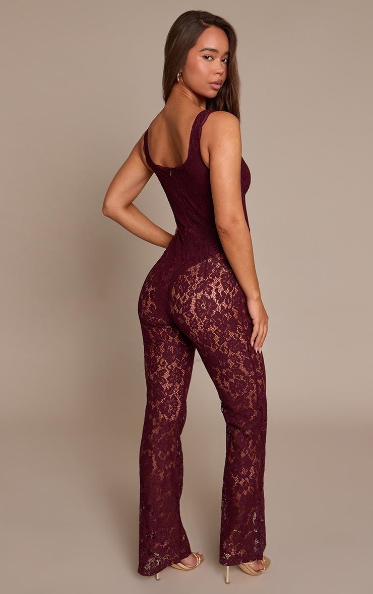 Pretty Little Thing Plum Lace Boning Detail Strappy Flared Jumpsuit