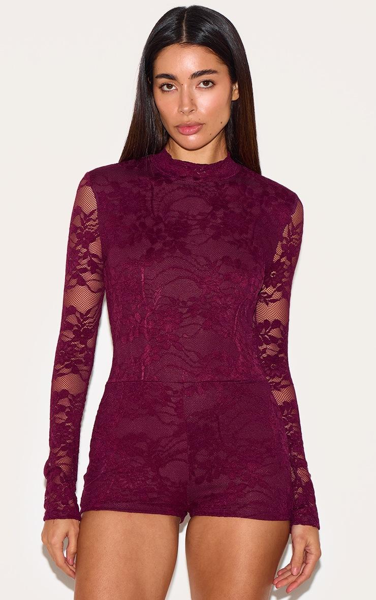 Pretty Little Thing Plum Lace Lined Long Sleeve Boat Neck Romper