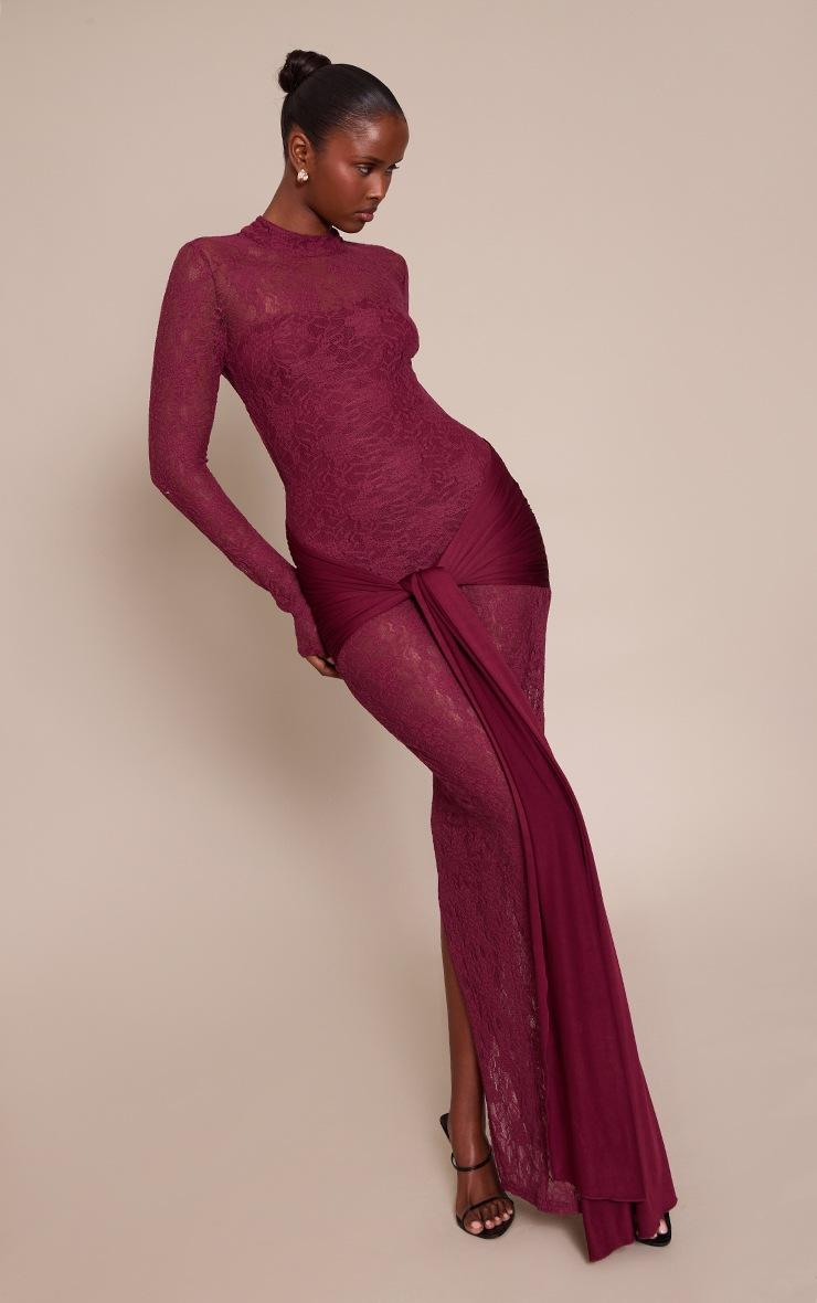 Pretty Little Thing Plum Long Sleeve Lace Wrap Detail Maxi Dress