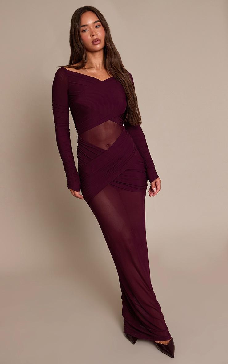 Pretty Little Thing Plum Mesh Bardot Layered Ruched Maxi Dress