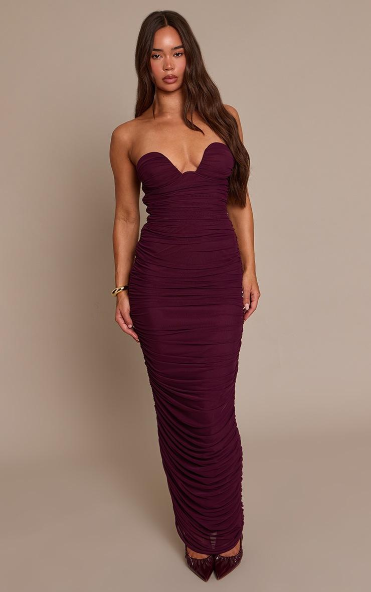 Pretty Little Thing Plum Mesh Ruched Bandeau Maxi Dress