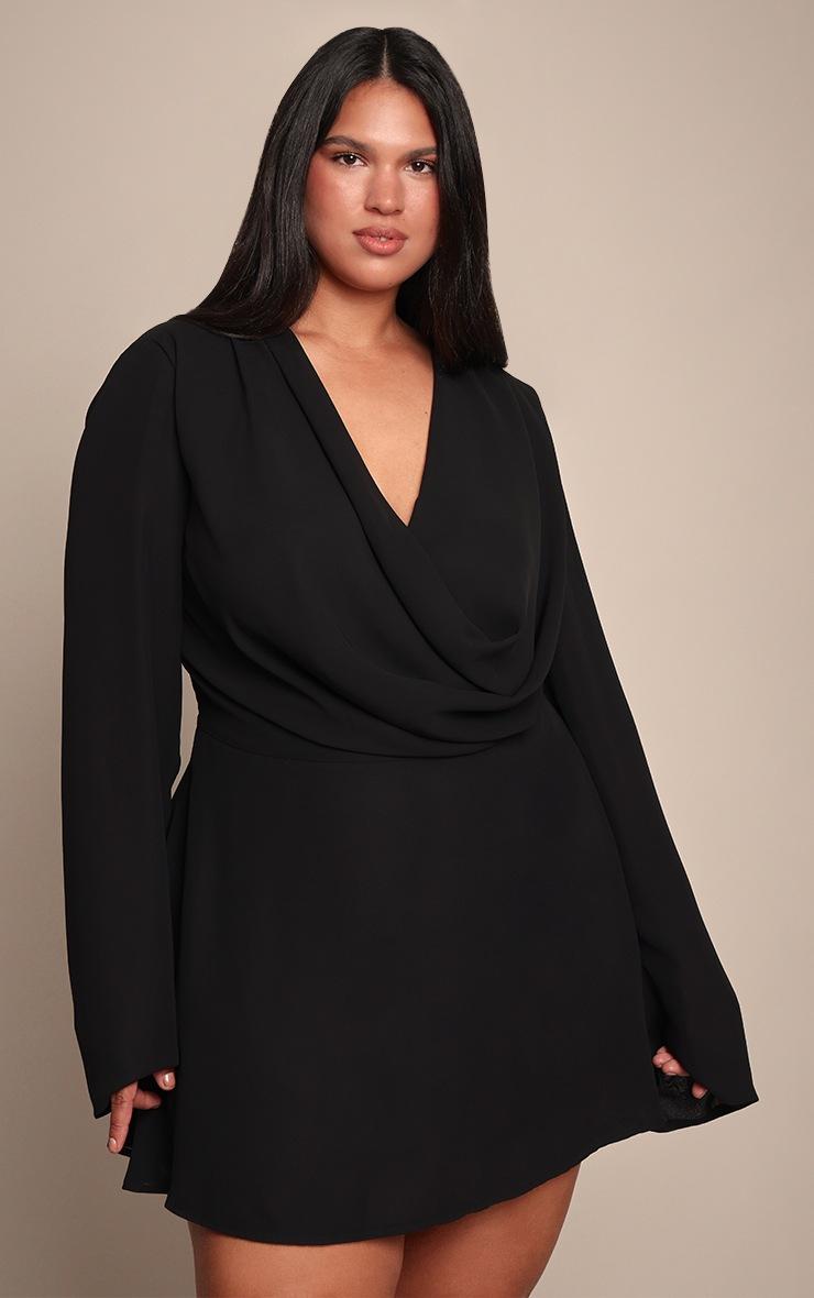 Pretty Little Thing Plus Black Chiffon Cowl Neck Flute Sleeve Shift Dress