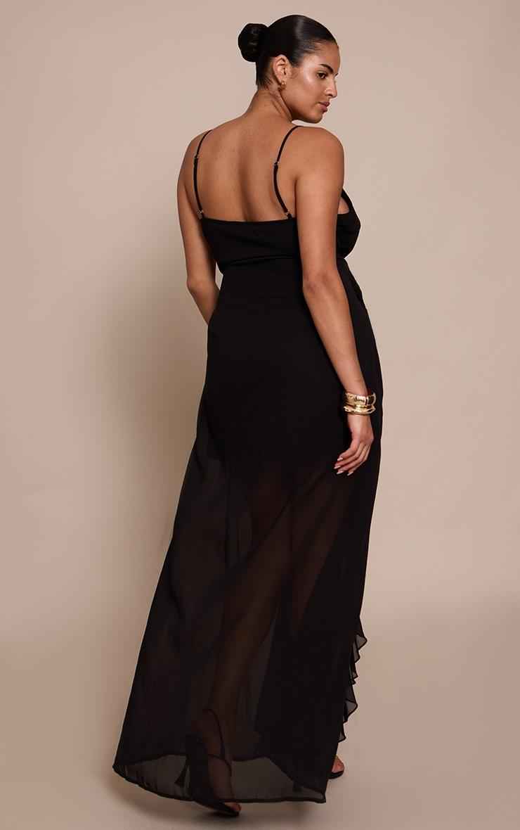 Pretty Little Thing Plus Black Chiffon Frill Plunge Strappy Maxi Dress