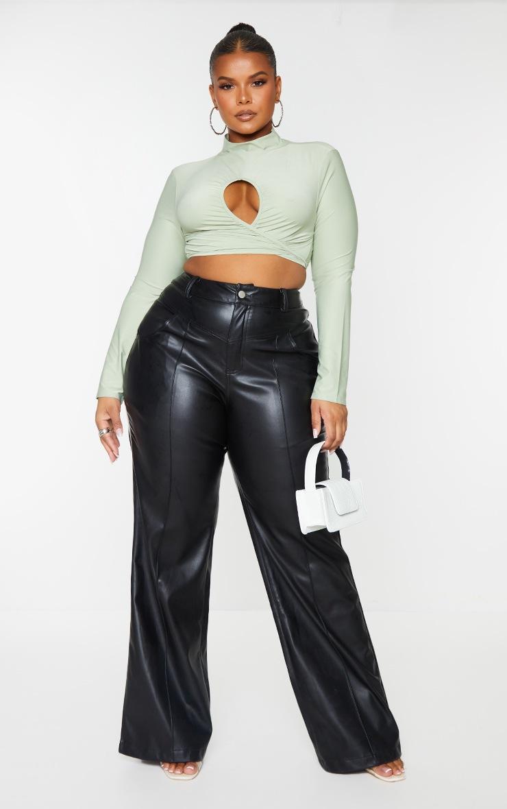 Pretty Little Thing Plus Black Faux Leather Seam Detail Wide Leg Pants