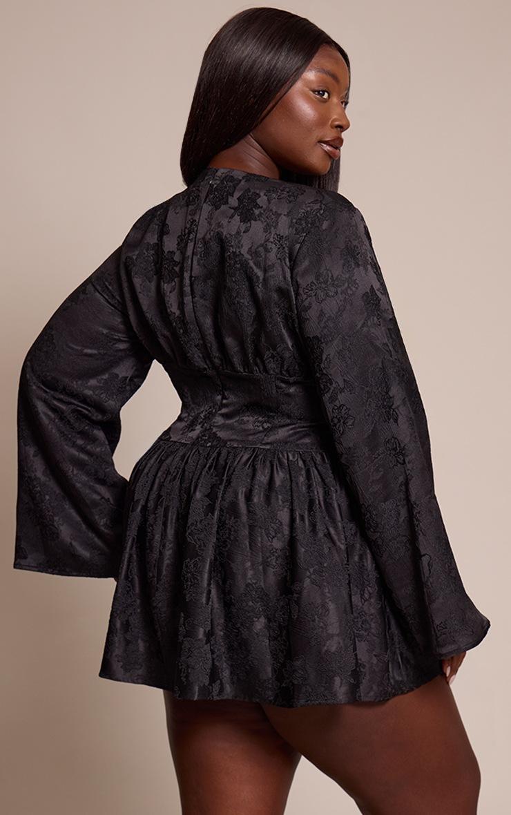 Pretty Little Thing Plus Black Floral Jacquard Flute Sleeve Mini Dress