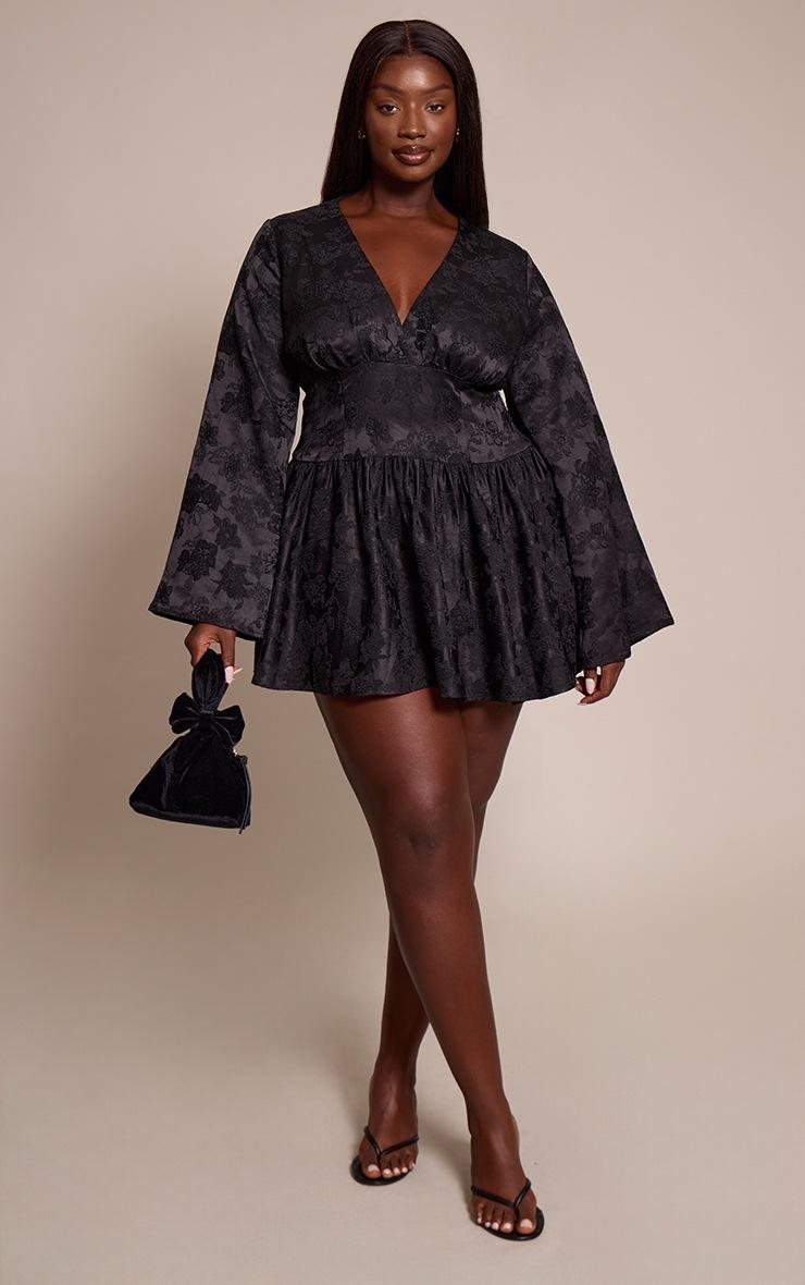 Pretty Little Thing Plus Black Floral Jacquard Flute Sleeve Mini Dress