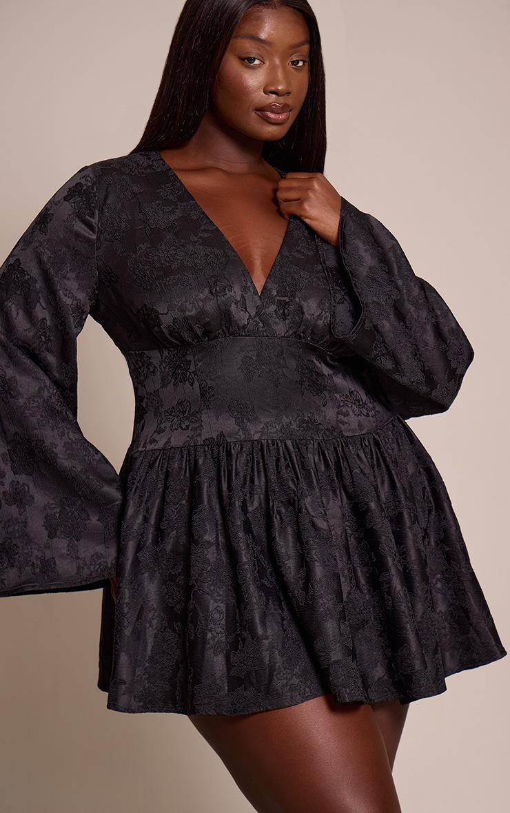 Pretty Little Thing Plus Black Floral Jacquard Flute Sleeve Mini Dress
