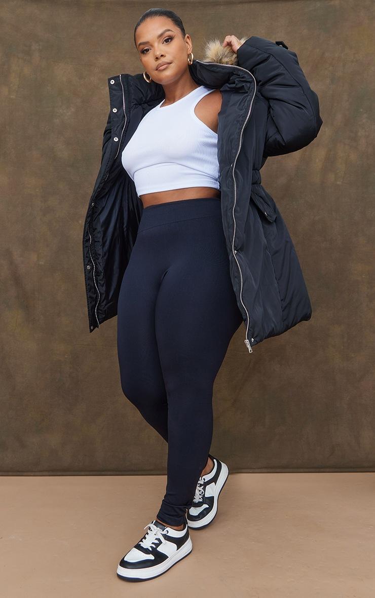 Pretty Little Thing Plus Black Fur Hood Elasticated Waist Longline Parka Coat