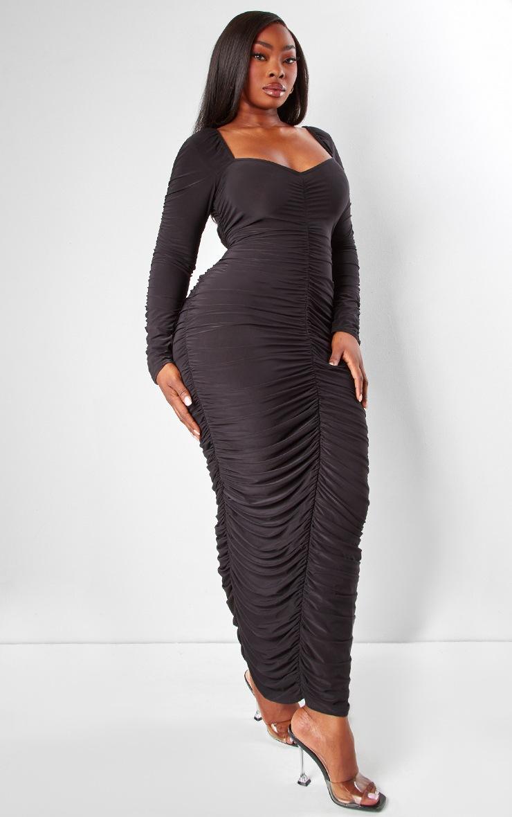 Pretty Little Thing Plus Black Long Sleeve Extreme Ruching Midaxi Dress