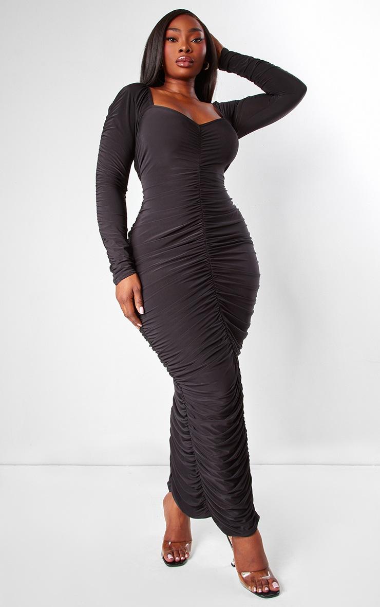Pretty Little Thing Plus Black Long Sleeve Extreme Ruching Midaxi Dress