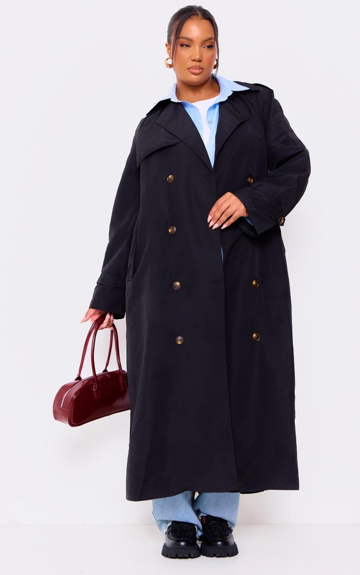 Pretty Little Thing Plus Black Oversized Button Down Trench Coat